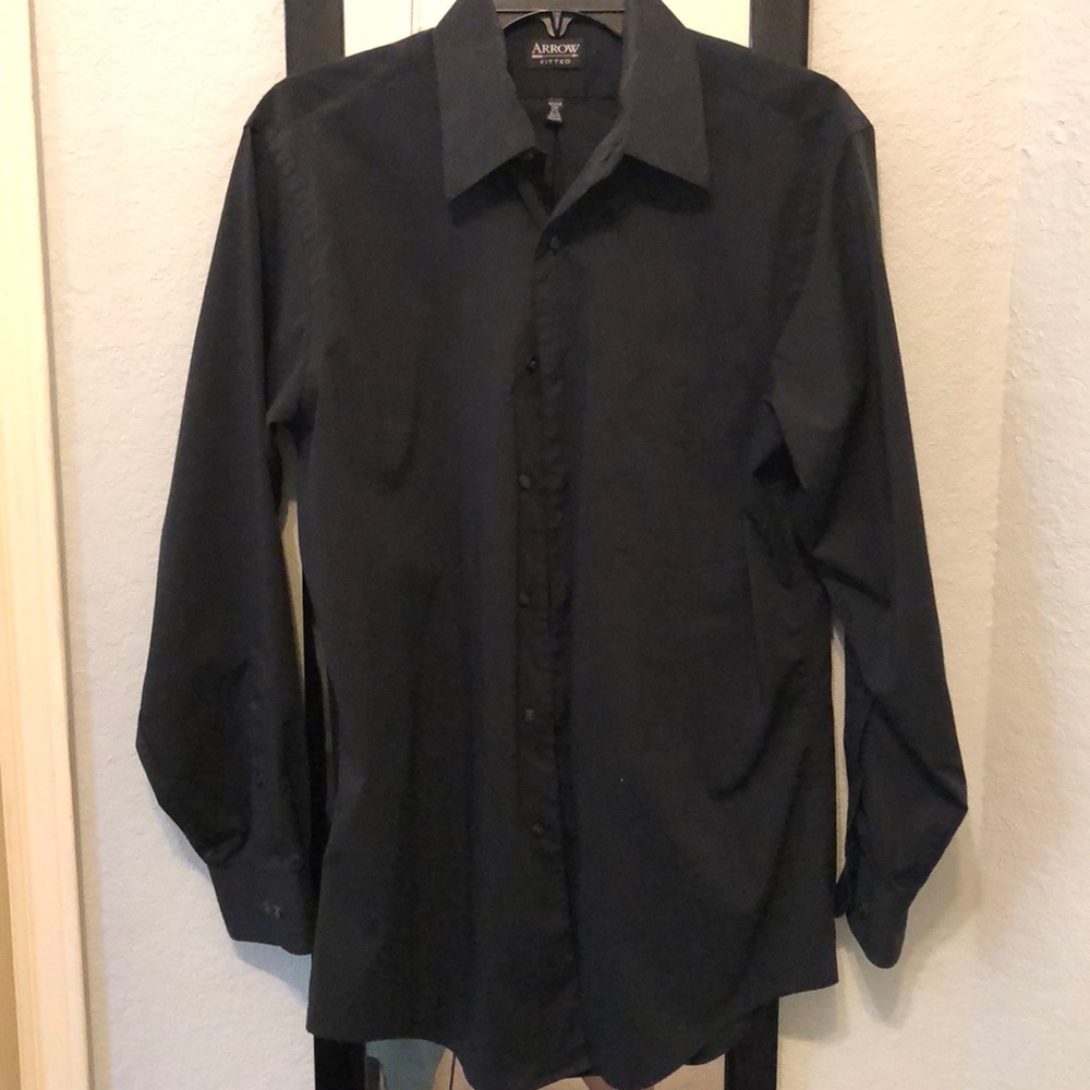 Arrow Mens Stretch Fitted Black Dress Shirt - Med